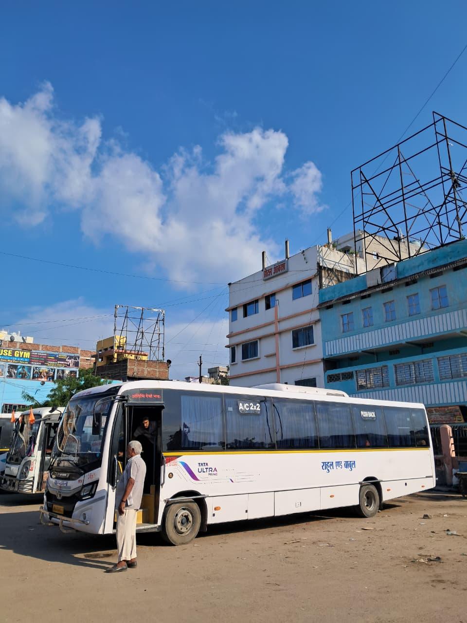 Bus front angled, passenger boarding