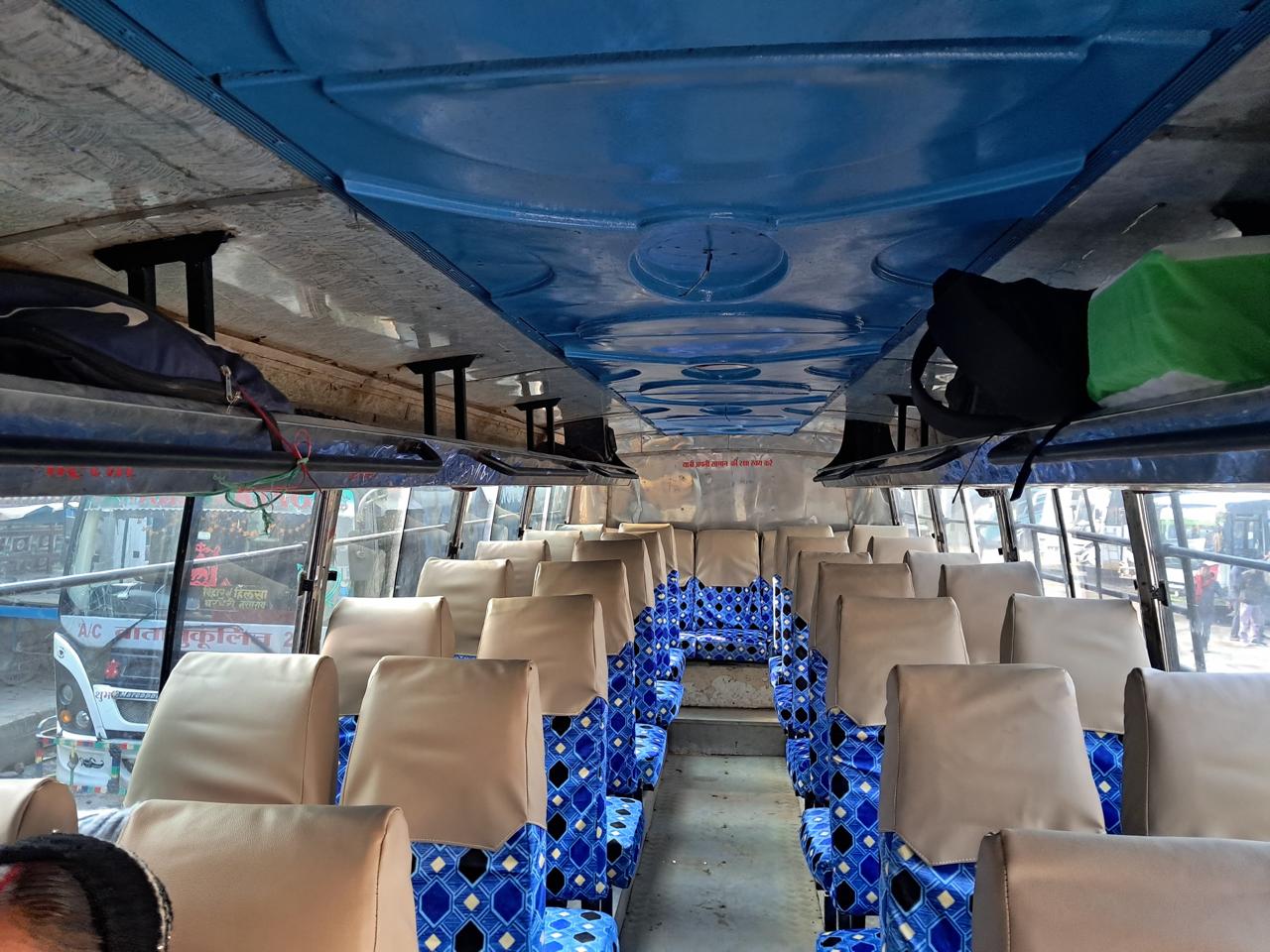 Interior seating with blue and tan mix